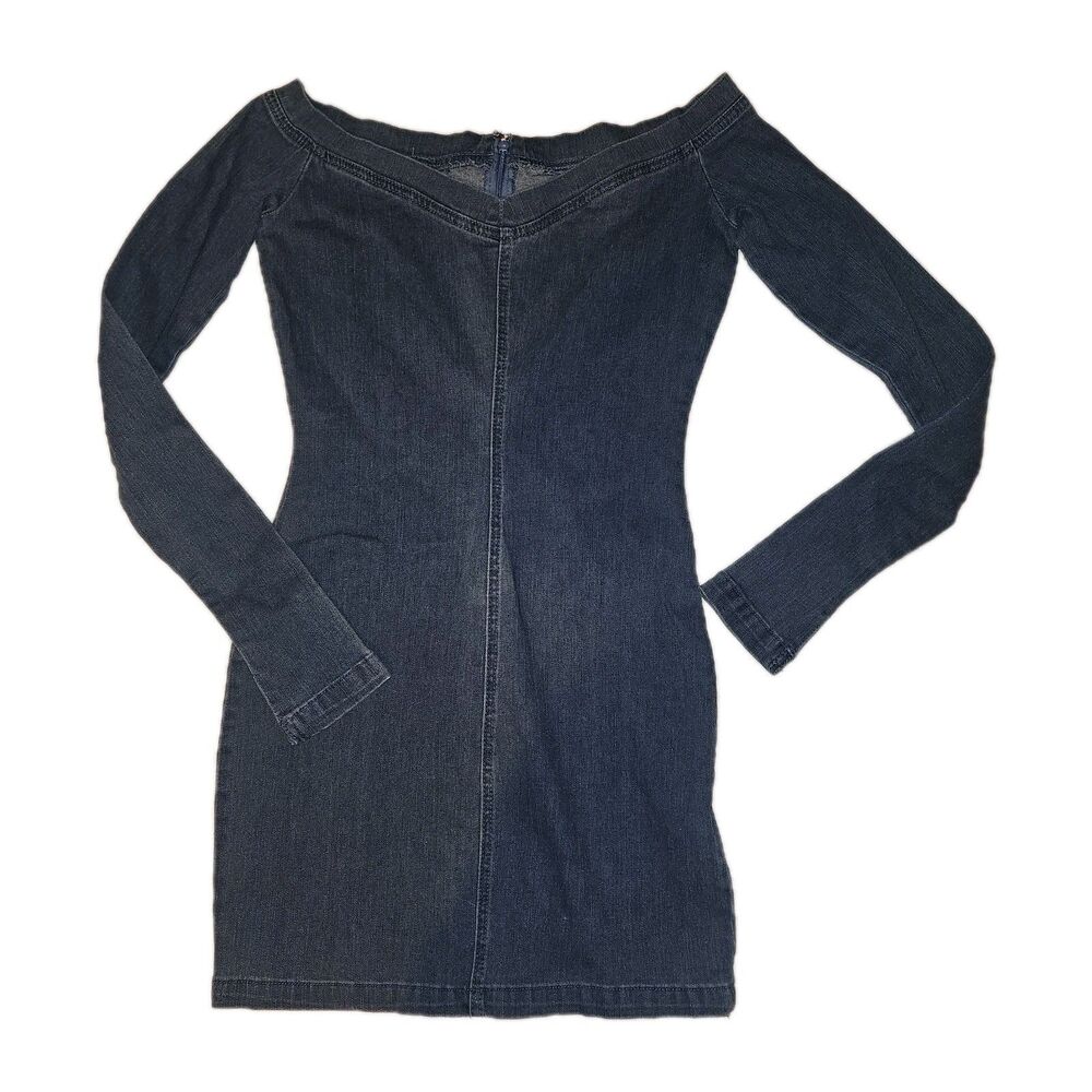 NWT XS/S Jean Dress Mini Bodycon Off Shoulder Y2k 80s 90s Western Boho Retro